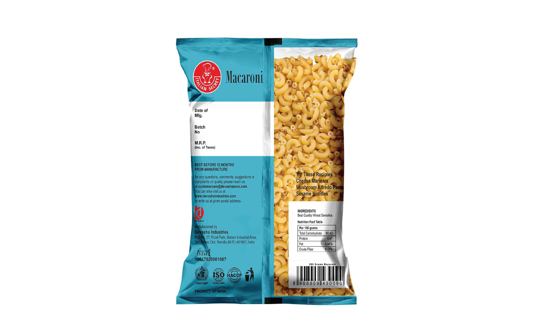 Italian Secret Deliziosa Pasta Italiana Macaroni   Pack  200 grams